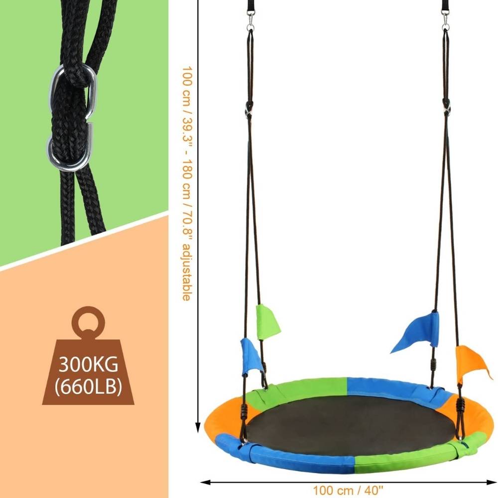 A one metre round saucer swing hanging from a tree
